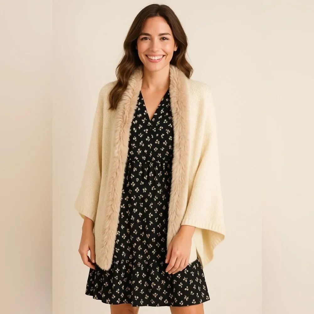 INC International Concepts Poncho with Faux Fur Trim NWT